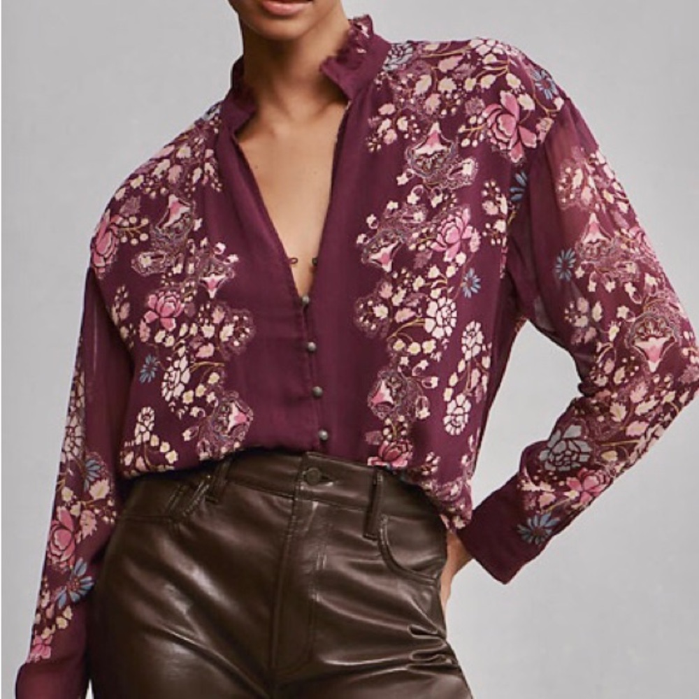 Anthropologie Plum Floral Button-Up Blouse